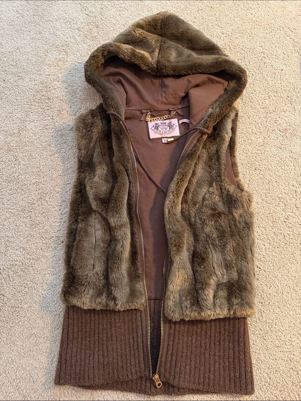 Juicy Couture Brown Faux Fur Hooded Vest with Knit Hem